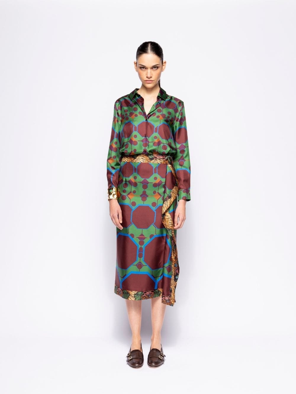 Wisteria Octa Print Wrap Skirt in Double Printed Silk Twill