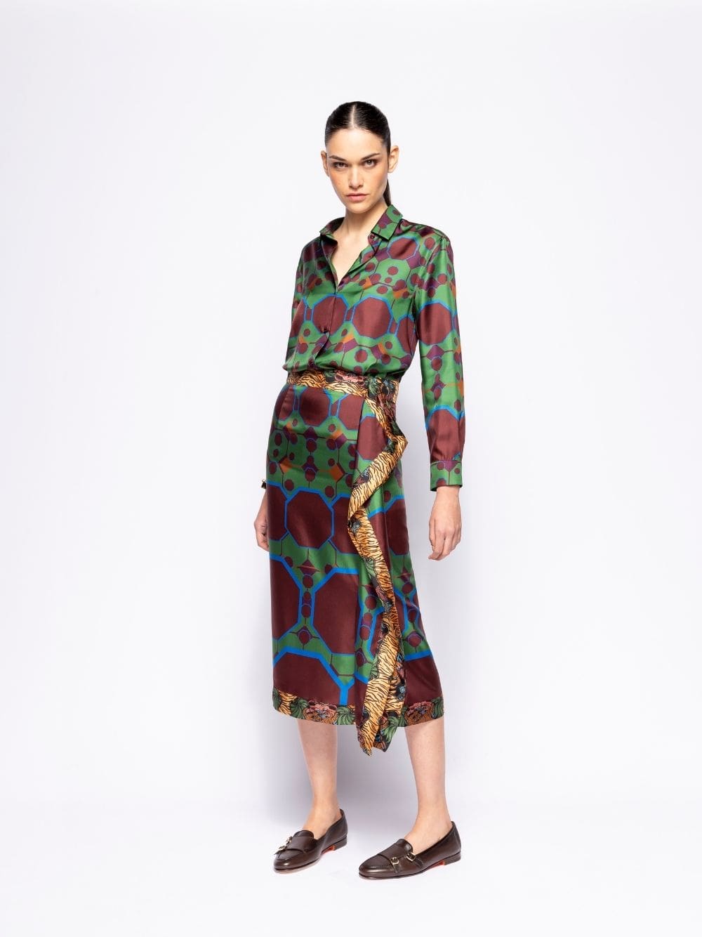Wisteria Octa Print Wrap Skirt in Double Printed Silk Twill