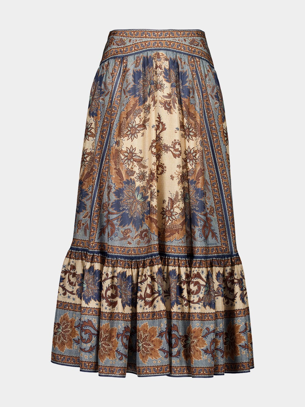 Ascension Blue Cream Indienne Floral Silk Midi Skirt