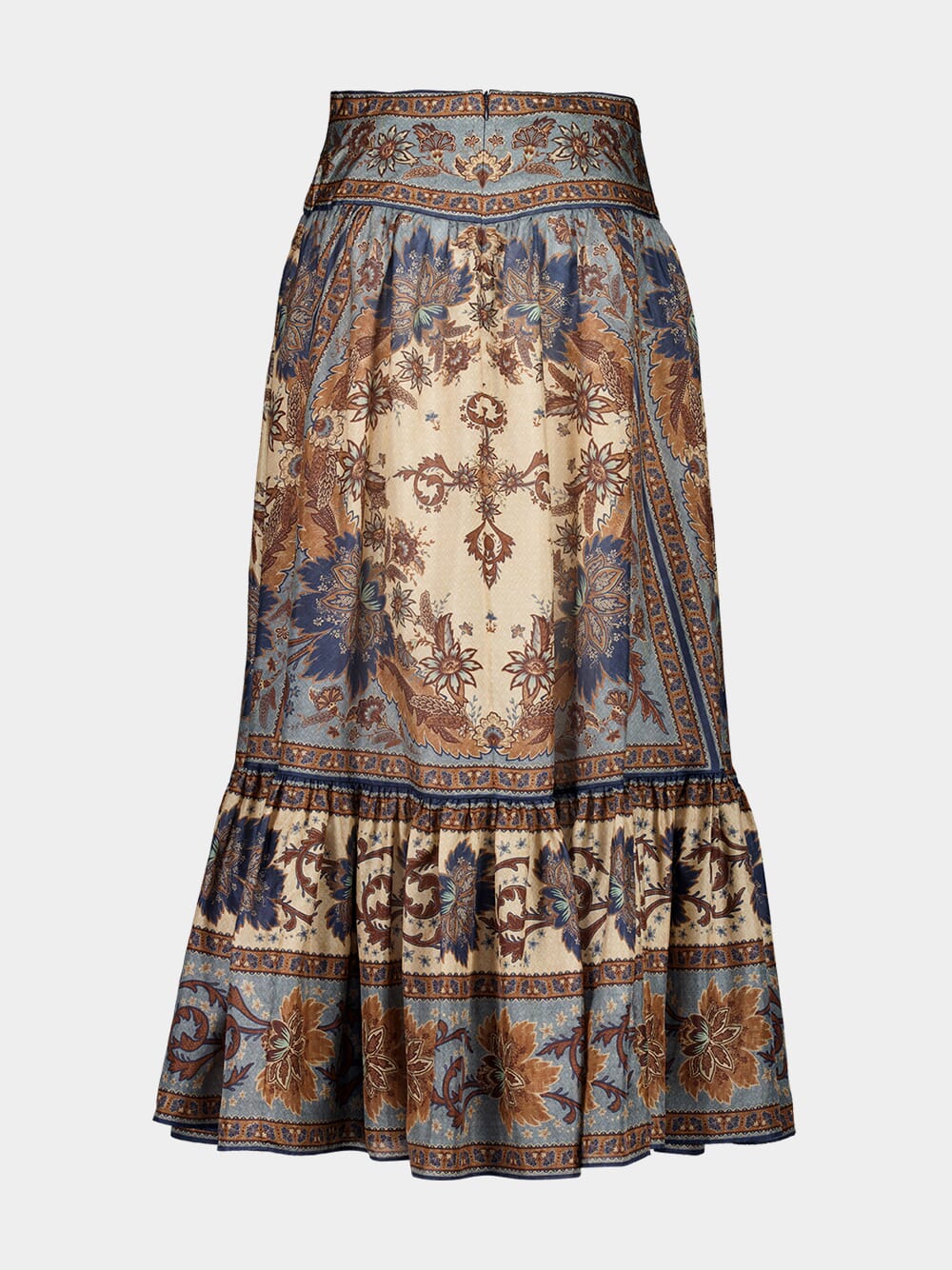 Ascension Blue Cream Indienne Floral Silk Midi Skirt