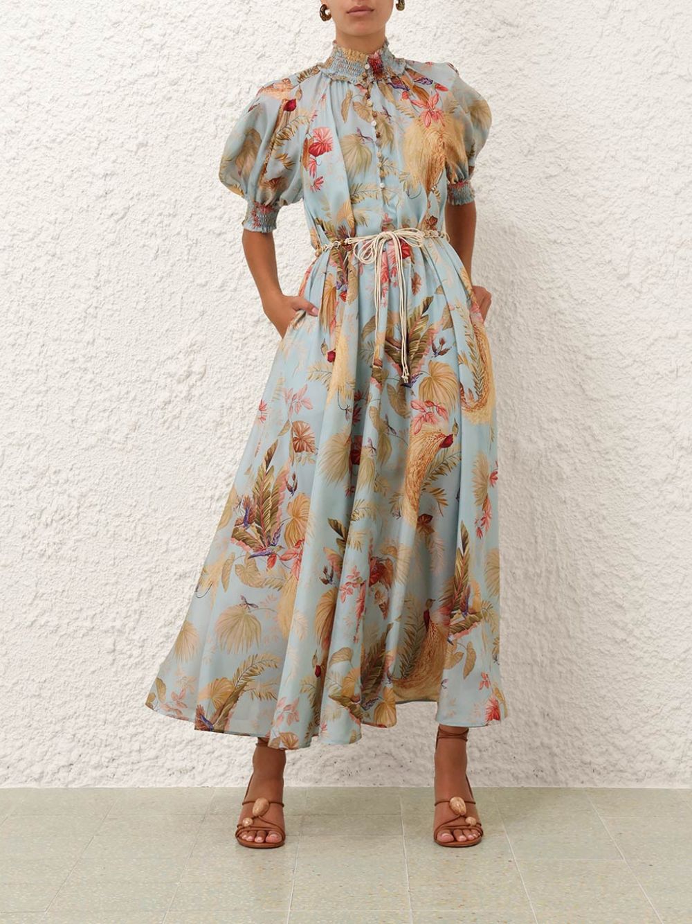 Aqua Palm Floral Billow Maxi Dress