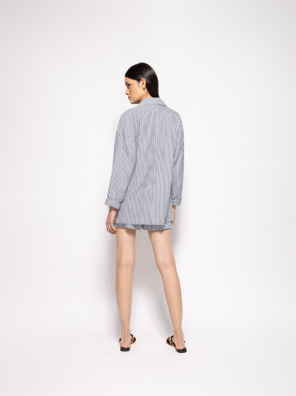 Virgo Navy Hand-Woven Striped Wide-Leg Shorts