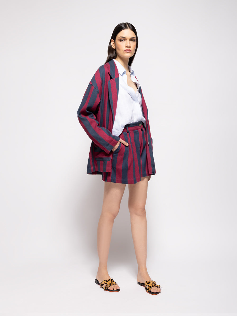 Virgo Purple Hand-Woven Striped Wide-Leg Shorts