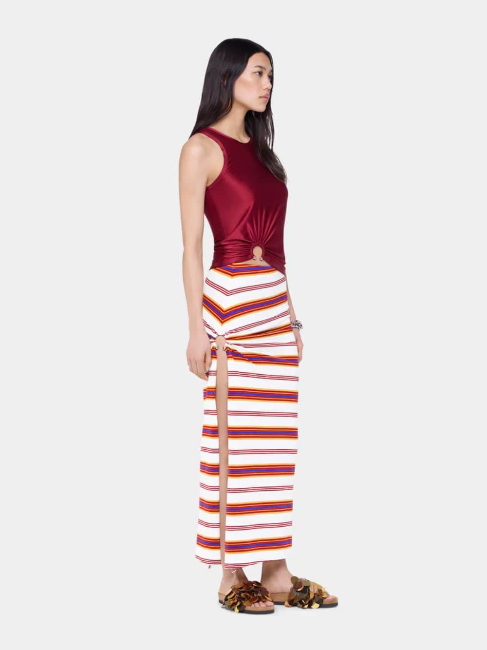 Striped Cream and Orange Cotton Maxi Skirt