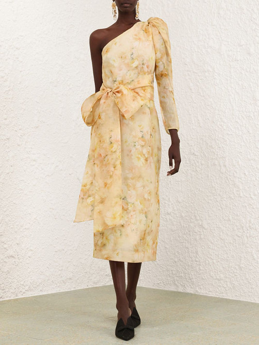 Yellow Floral Crush Asymmetrical Midi Dress