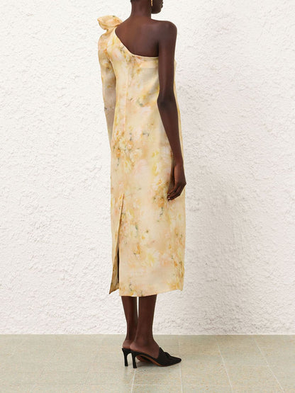 Yellow Floral Crush Asymmetrical Midi Dress