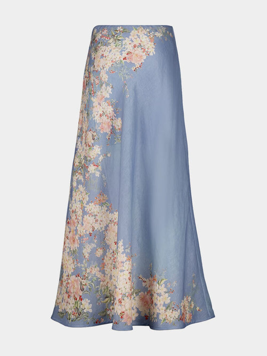 Teal Blue Botanical Floral Cascadian Bias Skirt