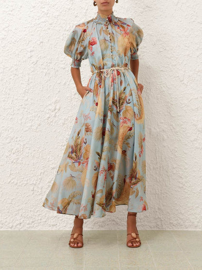 Aqua Palm Floral Billow Maxi Dress