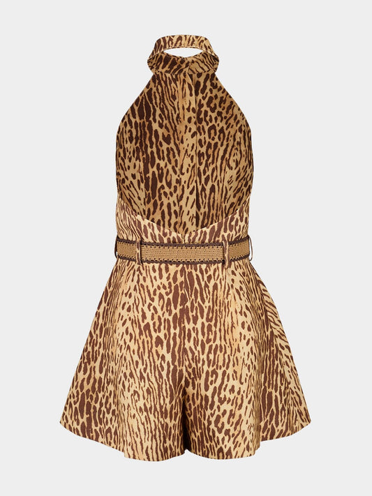 Tan Leopard Linen Halter Playsuit