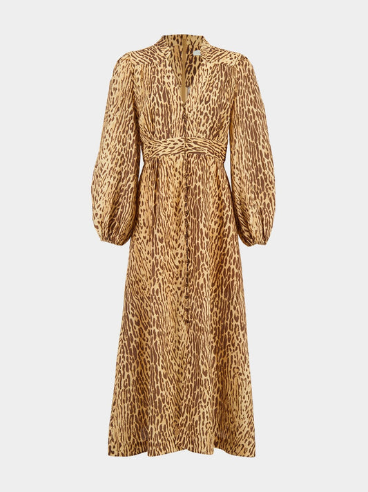 Tan Leopard Cascadian Plunge Midi Dress