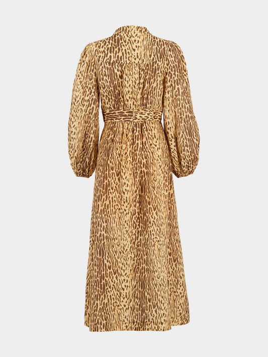Tan Leopard Cascadian Plunge Midi Dress