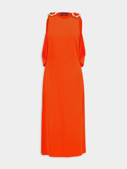 Vibrant Orange Sleeveless Midi Dress with Gold Detail