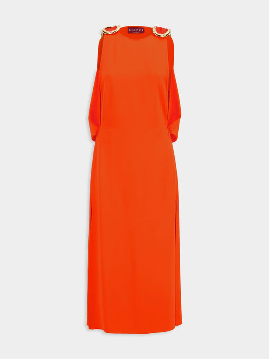 Vibrant Orange Sleeveless Midi Dress with Gold Detail