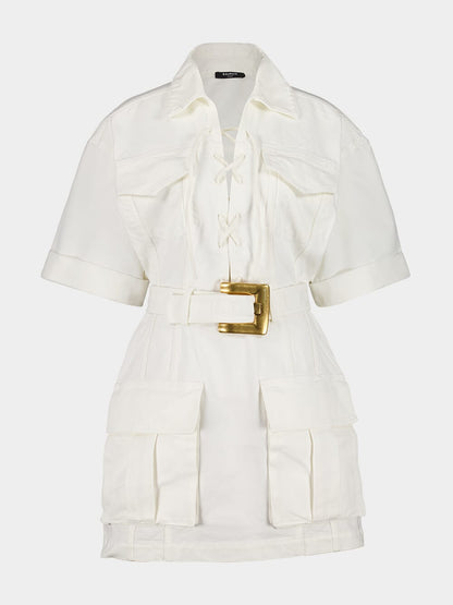 White Short Lace-Up Canvas Dress