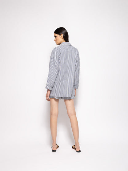 Virgo Navy Hand-Woven Striped Wide-Leg Shorts