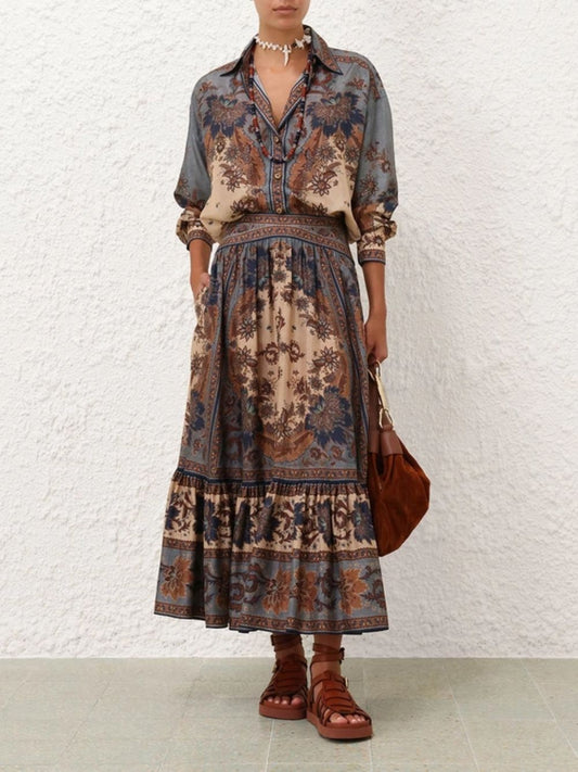 Ascension Blue Cream Indienne Floral Silk Midi Skirt