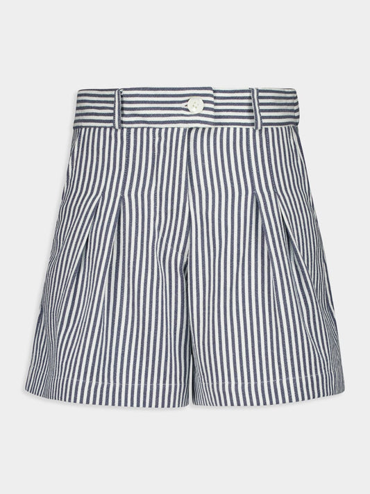 Virgo Navy Hand-Woven Striped Wide-Leg Shorts